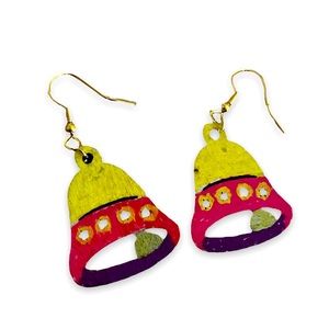 New Artisan OOAK Wooden Hand Painted Gold Christmas Bell Dangle Earrings